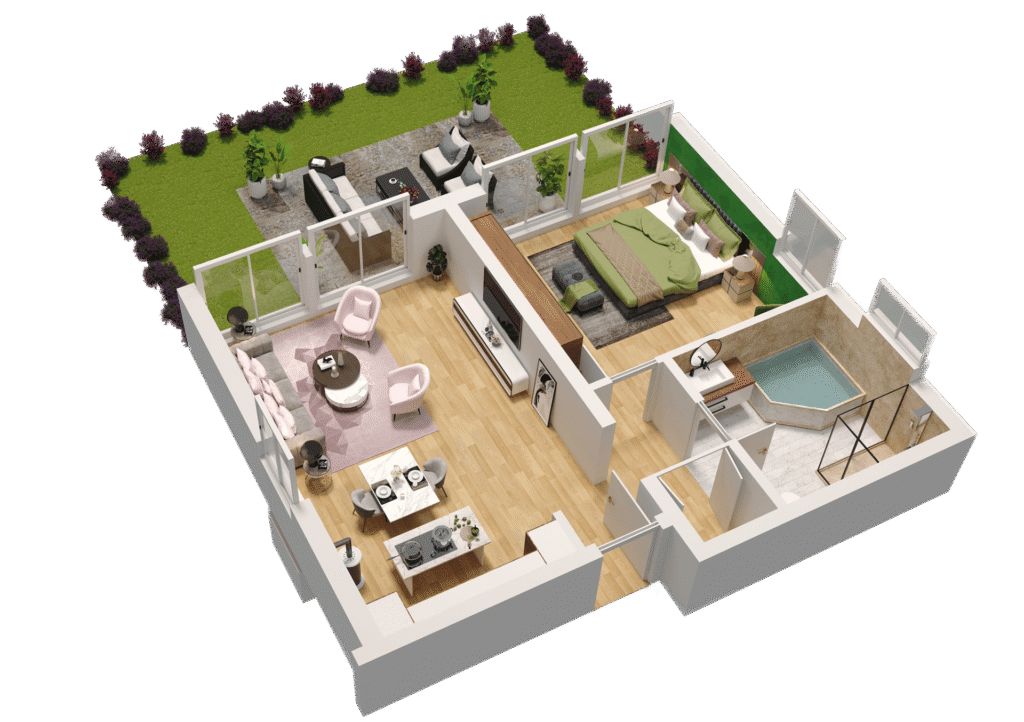 3D-Grundriss Ferienwohnung Kaminfeuer